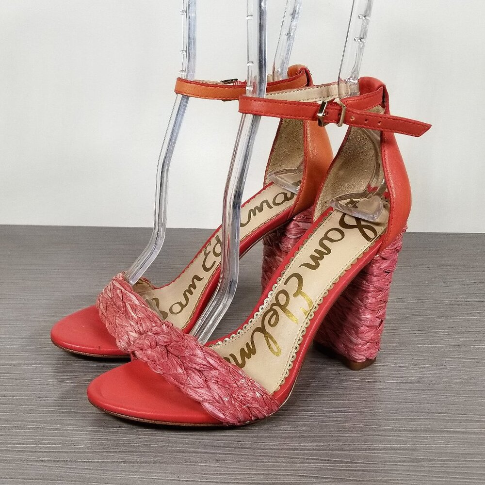 Sam Edelman Yoana Ankle-Strap Sandal Coral Raffia & Leather Womens Size 6 M / 36